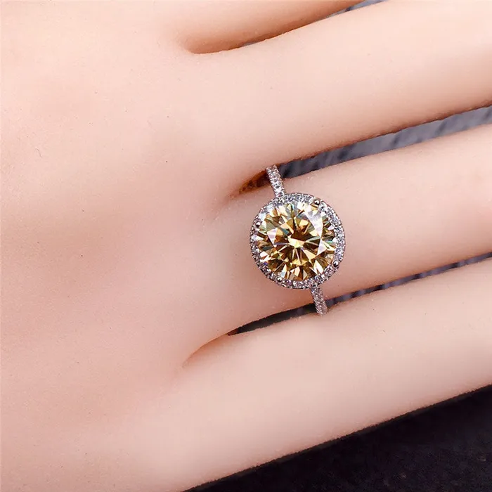 Leyloon Jewelry 2 Carat Round Cut Moissanite Ring Halo French Pave VVS Yellow Rings