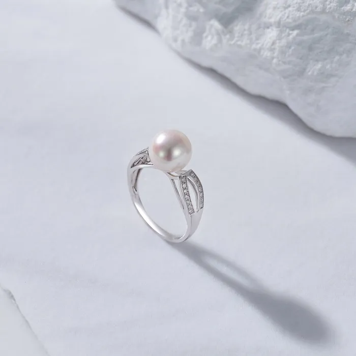 18K Solid Gold Diamond Freshwater Pearl Ring KR00046 Pearly Lustre Rings