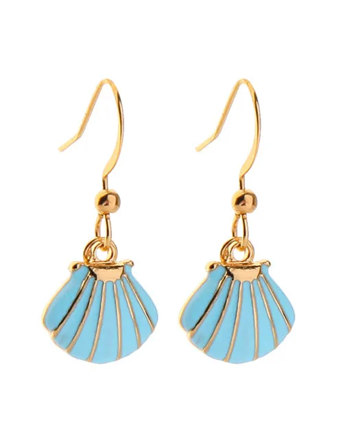E407 Gold Light Blue Baked Enamel Seashell Earrings 02 Earrings