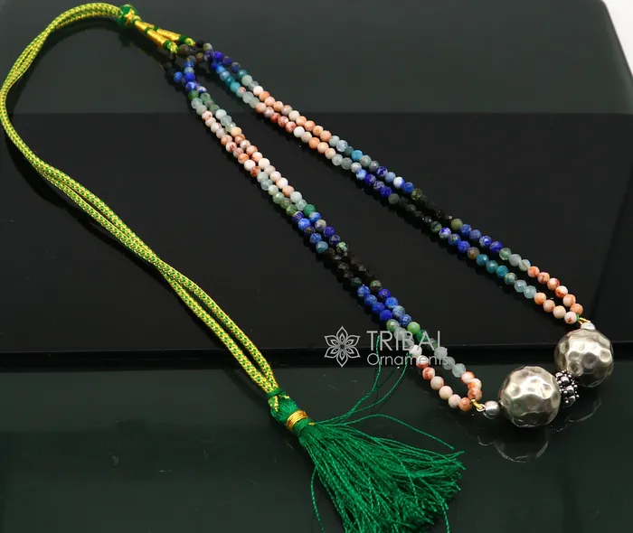 Necklaces TRIBAL ORNAMENTS Trendy Indian traditional cultural multicolor stone beaded 925 sterling silver ball pendant necklace choker tribal ethnic jewelry set614