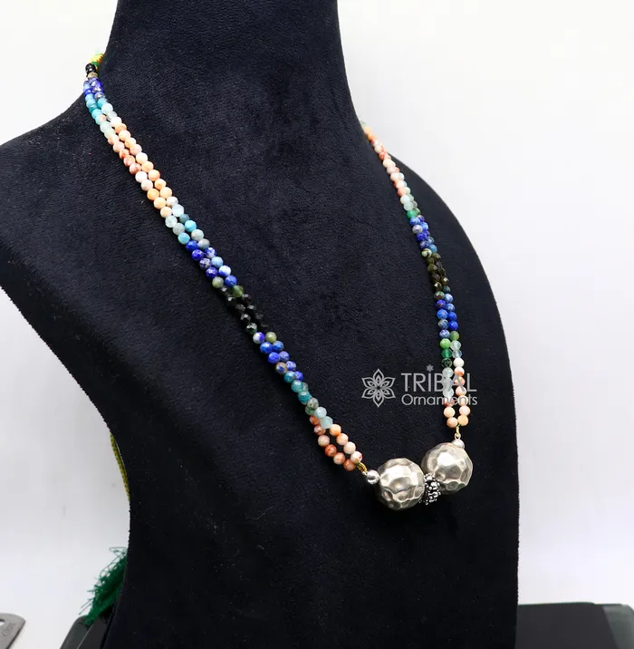 Necklaces TRIBAL ORNAMENTS Trendy Indian traditional cultural multicolor stone beaded 925 sterling silver ball pendant necklace choker tribal ethnic jewelry set614