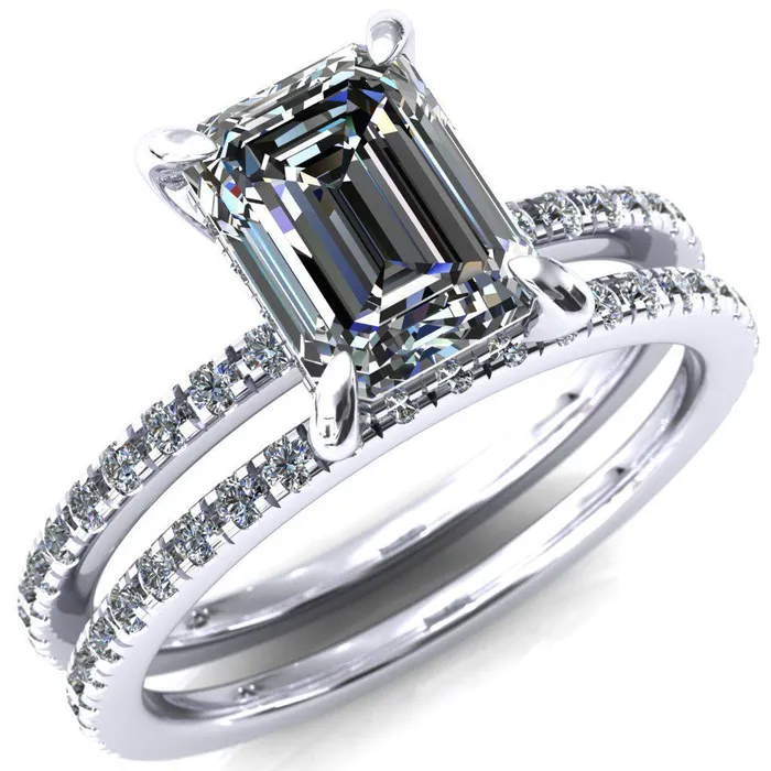 Rings Fire Brilliance Mayeli Emerald Center Stone 4 Claw Prong Micro Pave Diamond Sides Engagement Ring