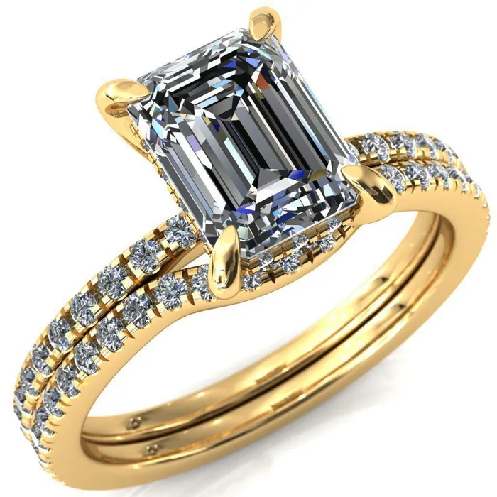 Rings Fire Brilliance Mayeli Emerald Center Stone 4 Claw Prong Micro Pave Diamond Sides Engagement Ring