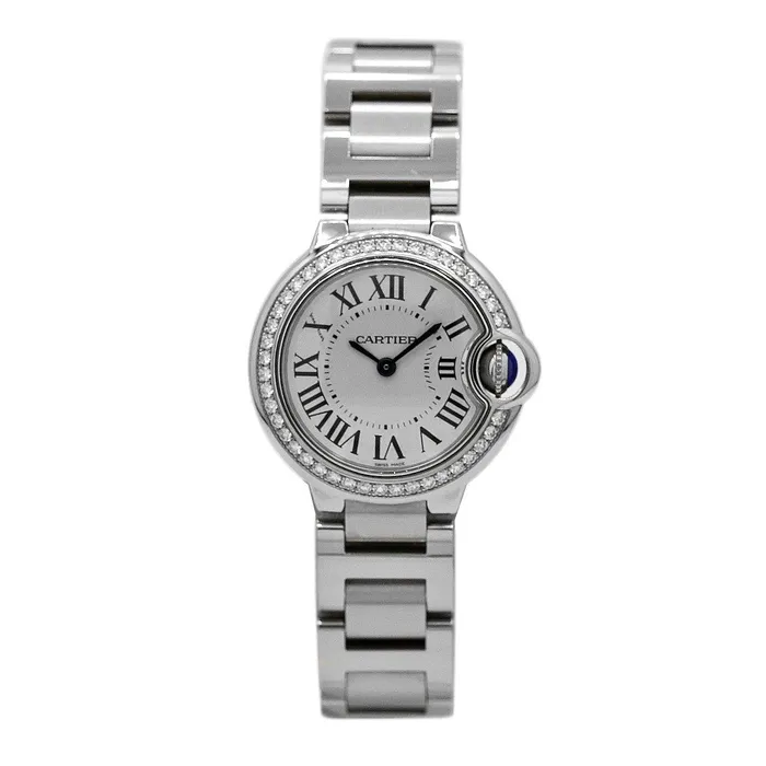 Cartier Ballon Bleu 28mm Womens watch Ref W4BB0015 Silver Roman Dial Diamond Bezel Stainless Steel Bracelet Cartier Bracelets