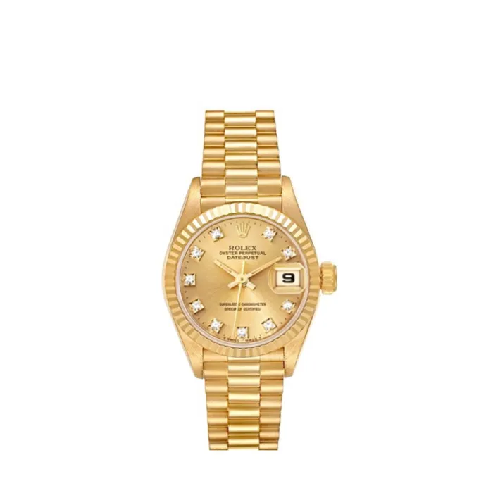 Rolex Bracelets Rolex Datejust 26mm Ref 69178 Champagne Diamond Dial 18K Yellow Gold President Bracelet Womens Watch