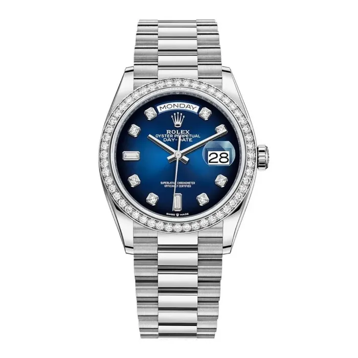 Rolex Rolex Day Date 36mm Ref 128349rbr0010 Blue Ombre Diamond Dial Diamond Bezel 18K White Gold President Bracelet Watch Bracelets
