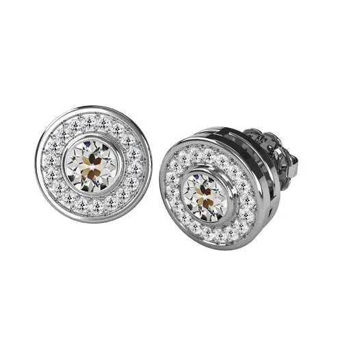 Halo Round Old Miner Genuine Diamond Stud Earrings Bezel Basket Style 3 Carats HarryChadEntcom Earrings