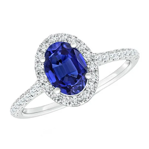 HarryChadEntcom Rings Oval Natural Earth Mined Diamond Halo Ring Blue Sapphire Accented White Gold 550 Carats