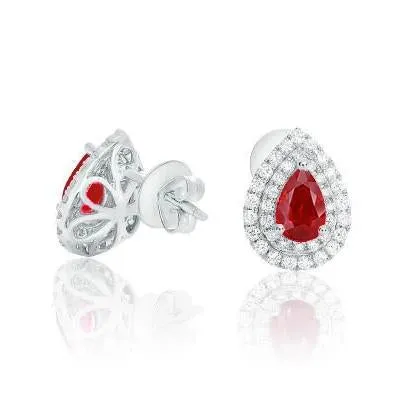 Ruby With Halo Natural Earth Mined Diamond Ladies Stud Earring 420 Carat WG 14K GB Earrings