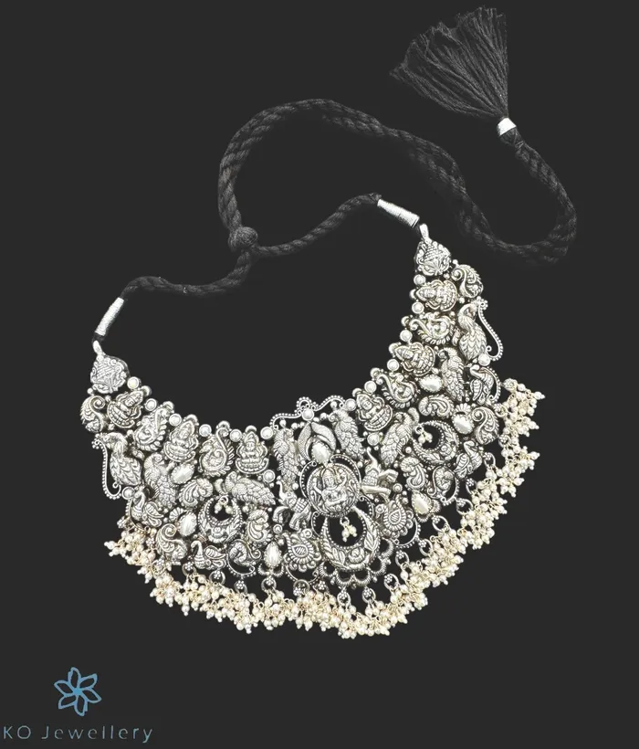 Temple Necklaces The Sadhika Silver Pearl Lakshmi Necklace Oxidised
