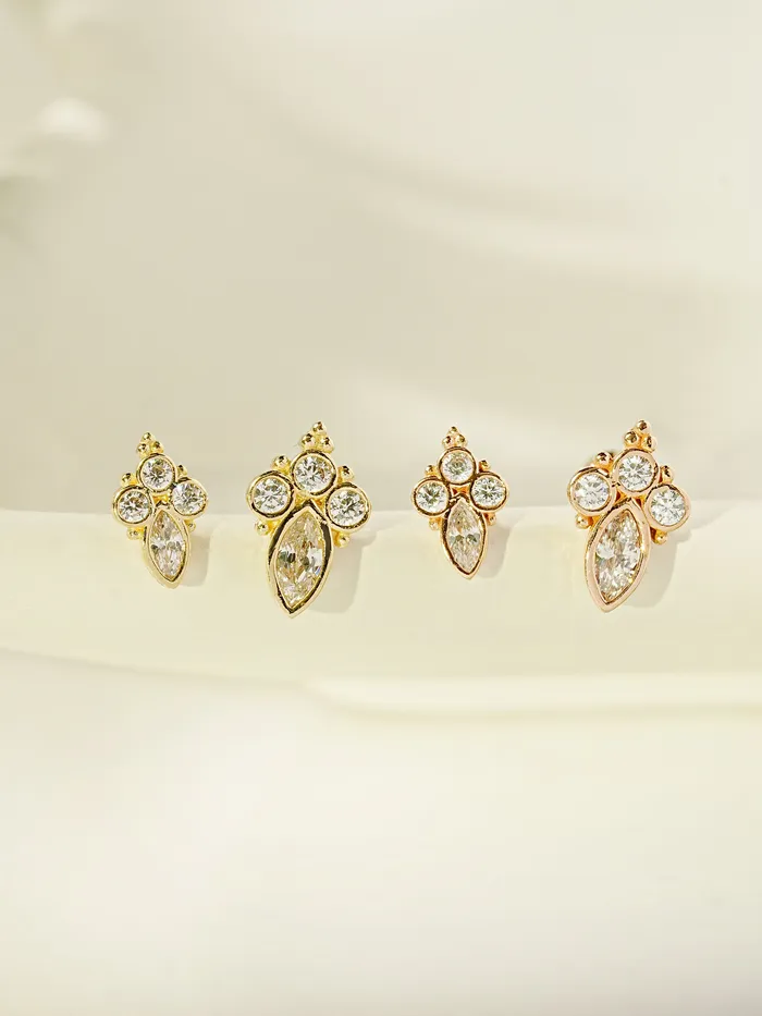 14K Gold Queen Cubic Internally Threaded Labret Piercing 18G16G MinimalBijoux PreStyled Sets