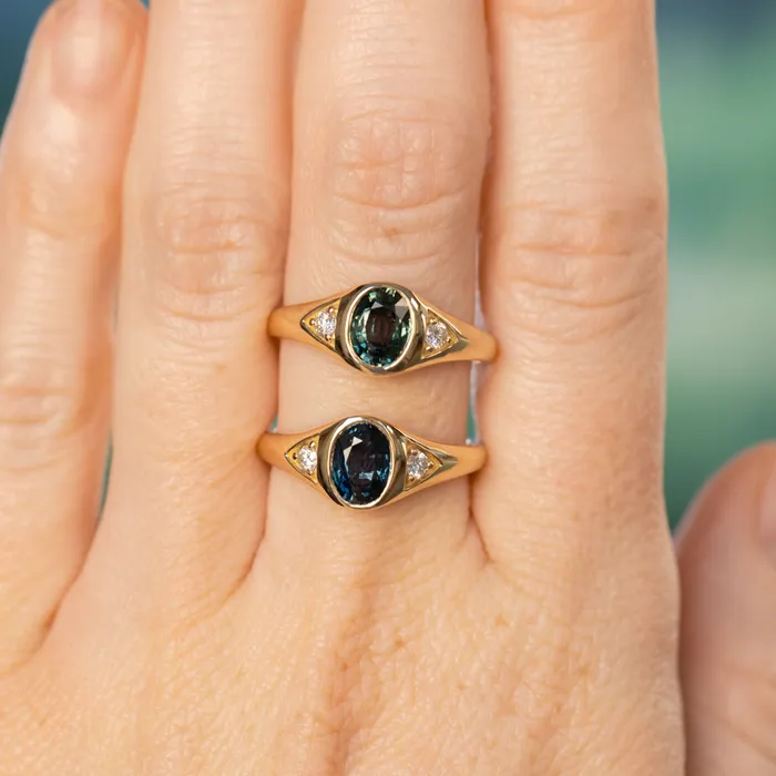 Anueva Jewelry Rings 151ct Oval Blue Untreated Montana Sapphire Signet Style Ring with Diamonds in 14k Yellow Gold