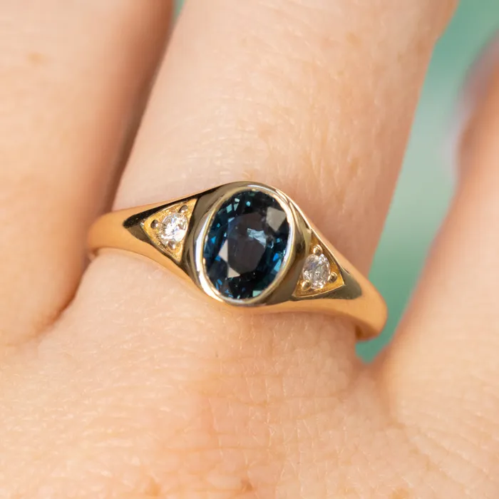 Anueva Jewelry Rings 151ct Oval Blue Untreated Montana Sapphire Signet Style Ring with Diamonds in 14k Yellow Gold