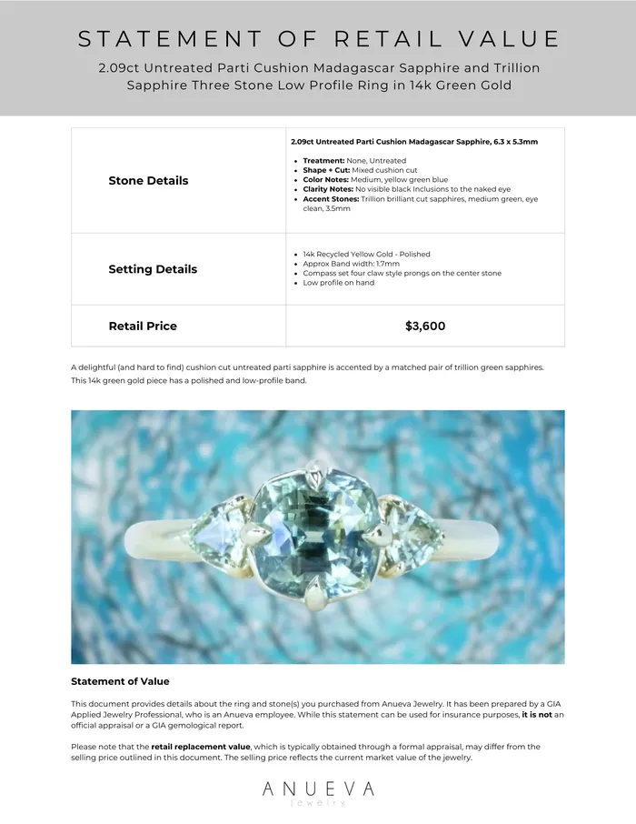Anueva Jewelry Rings 209ct Untreated Parti Cushion Madagascar Sapphire and Trillion Sapphire Three Stone Low Profile Ring in 14k Green Gold
