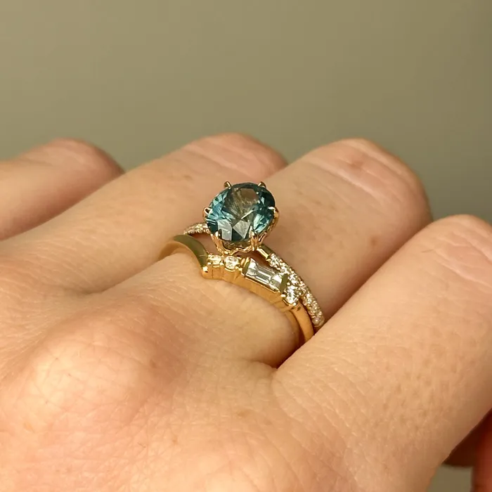 Earrings 194ct Precision Cut Teal Oval Montana Sapphire Lotus Six Prong Solitaire with Diamonds in 14k Yellow Gold Americut Gems
