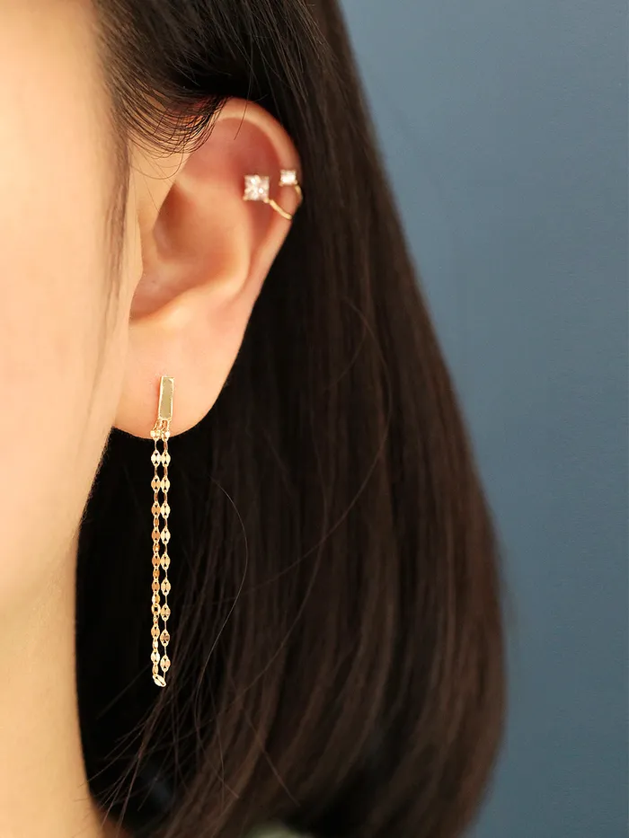 Earrings 14K Gold Stick Long Chain Stud Earring MinimalBijoux