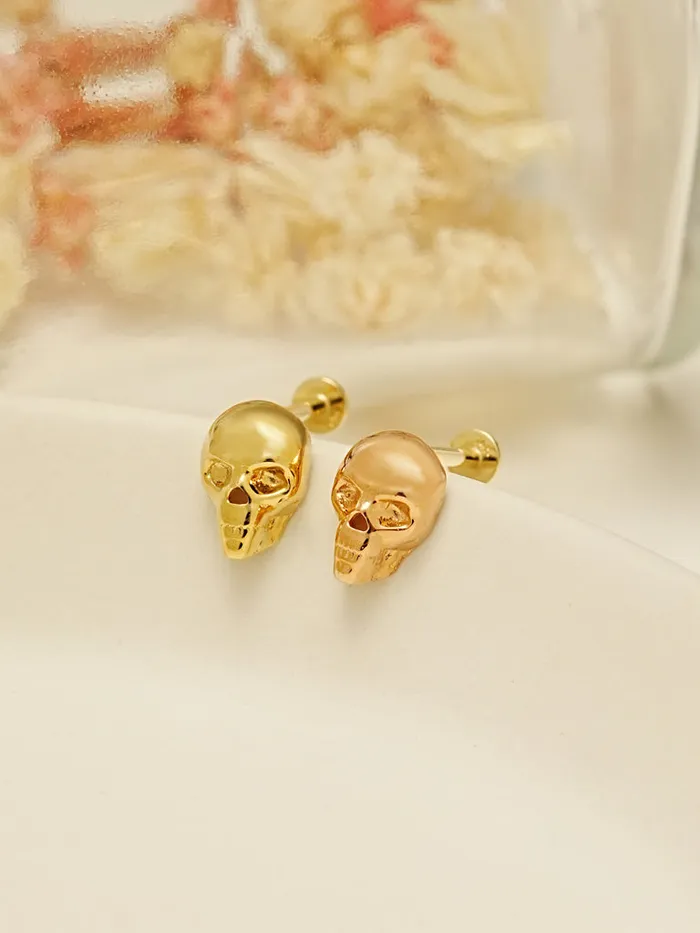 MinimalBijoux Earrings 14K Gold Skull Bat Ghost Spider Internally Threaded Labret Piercing Collection 18G16G