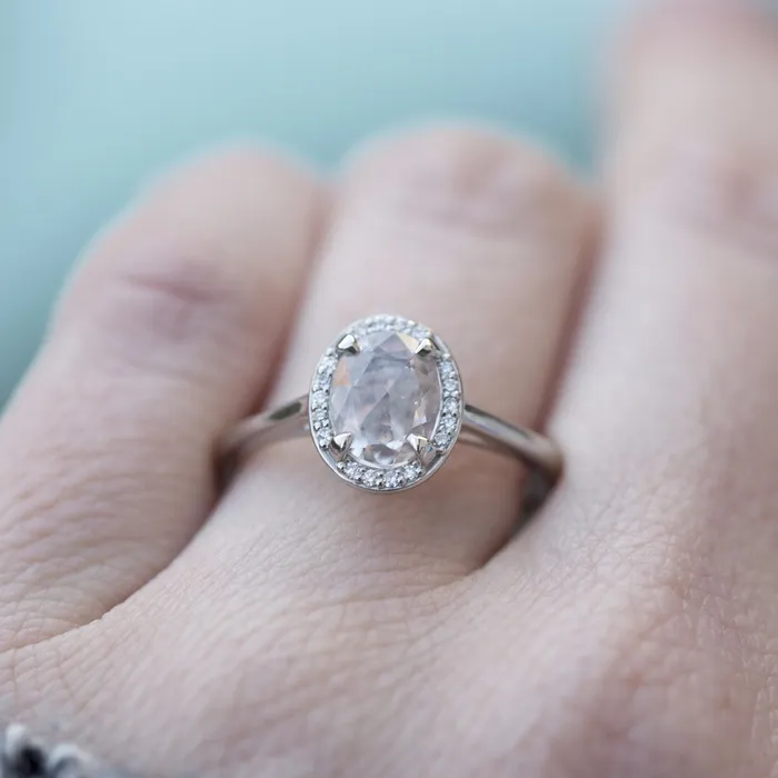Rings Anueva Jewelry Rosecut Oval Zircon Platinum Ring Natural gemstone diamond alternative rosecut engagement ring Platinum halo antique inspired ring by Anueva Jewelry
