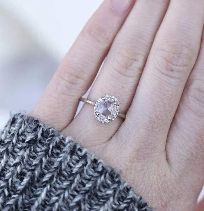 Rings Anueva Jewelry Rosecut Oval Zircon Platinum Ring Natural gemstone diamond alternative rosecut engagement ring Platinum halo antique inspired ring by Anueva Jewelry